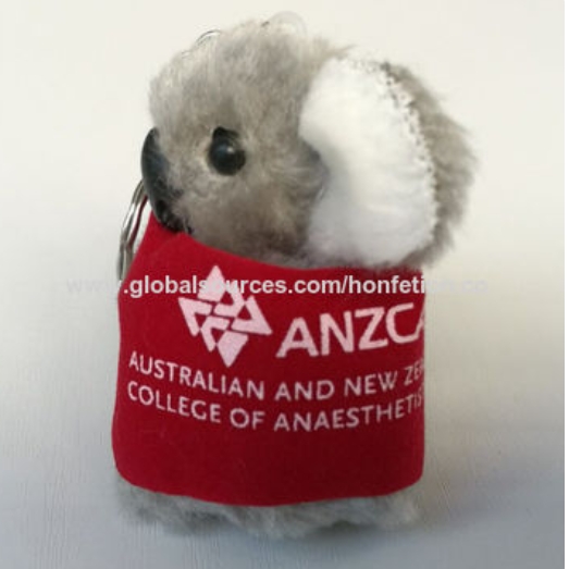 Custom University Logo Grey Plush Koala Clip Doll With Printed Yellow Tee